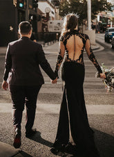 Black Long Mermaid High Neck Lace Tulle Wedding Dress with Sleeves-27dress